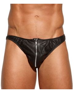 Men Leather Thong With Zipper