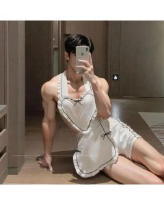 Men’s Sweetheart Roleplay Costume | White Ruffled Heart Halter Top & Apron Set